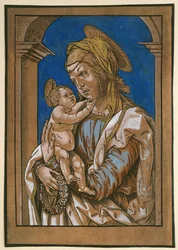 アーチの下のマドンナと子供、1508年（木版画、水彩画とボディカラーで過労）
